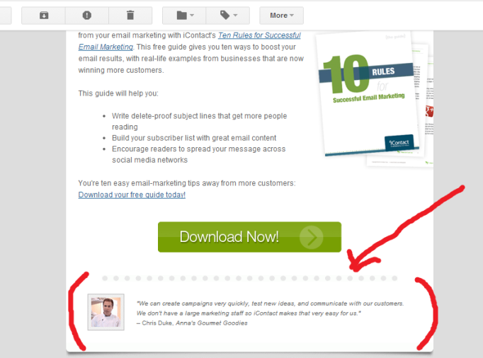 Email Marketing: Testimonials help increase click through rate, get more CTA conversions. - Best Practices with Examples - Example of iContact - Vocus